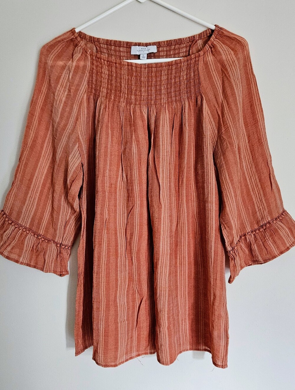 5/$30 New Directions Burnt Orange Flared Sleeve Semi-Sheer Flowy Blouse: Size LG